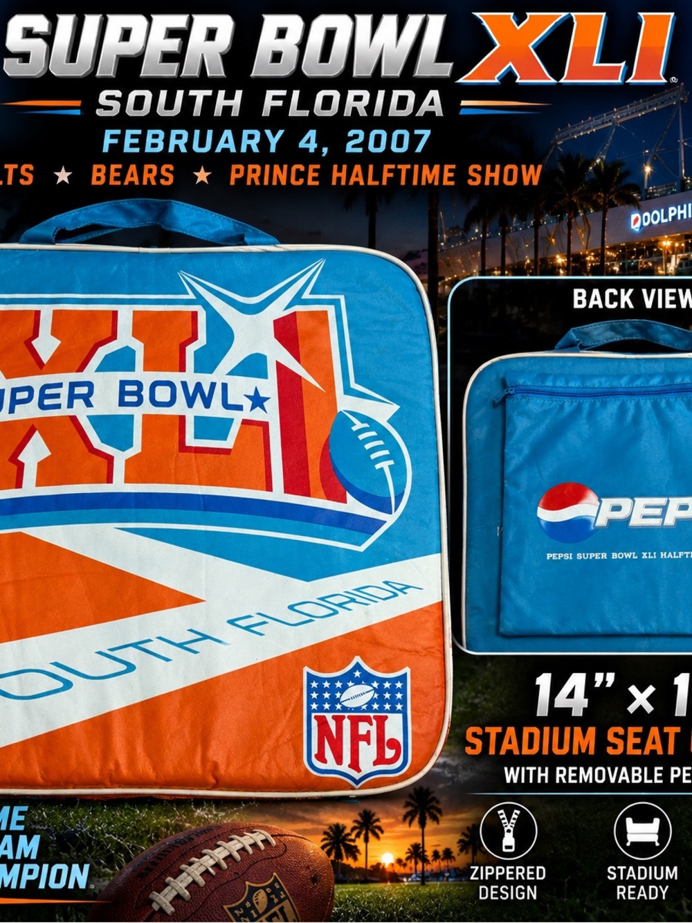 Super Bowl XLI 2007 NFL Seat Cushion Pepsi Halftime Show Prince South Florida